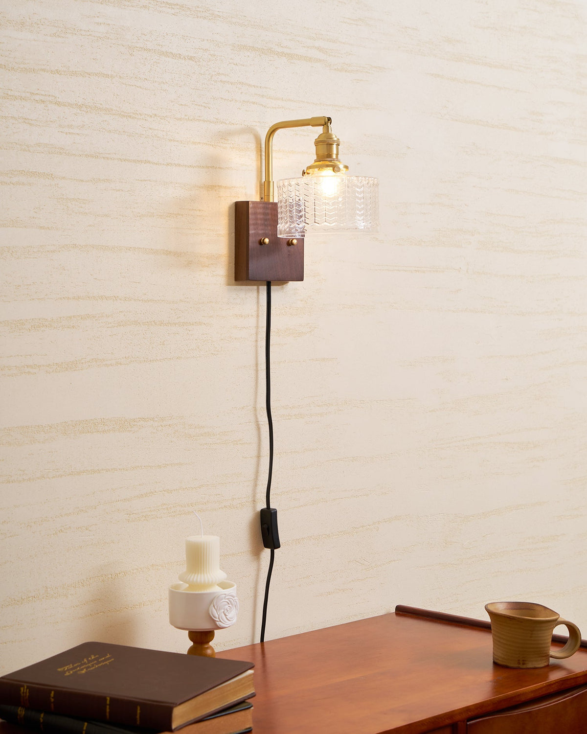 Handcrafted Wooden Sconce with Brass Accents and Emerald Fishscale Glass Shade for Hallway Bedroom Bathroom Ambient Lighting