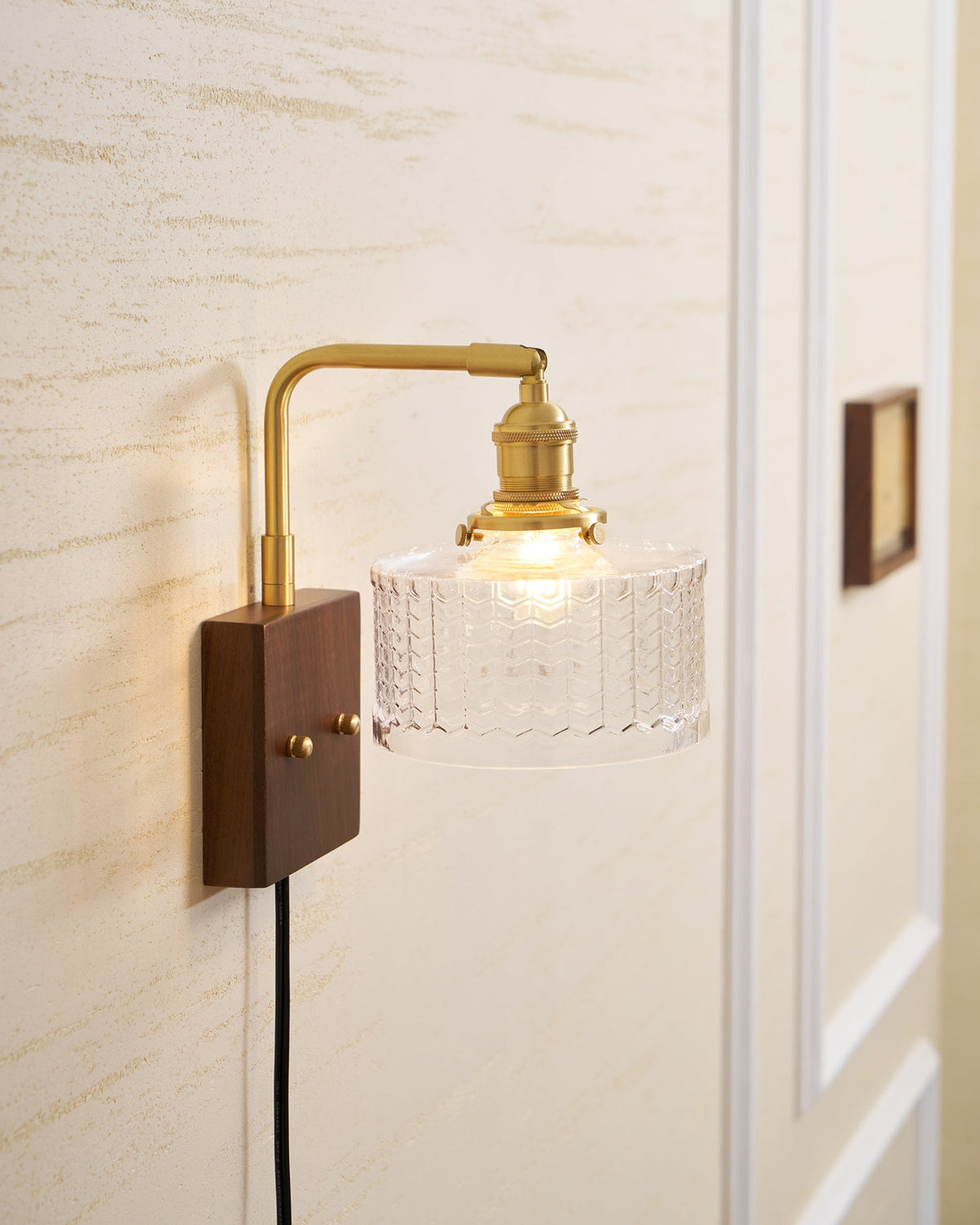 Handcrafted Wooden Sconce with Brass Accents and Emerald Fishscale Glass Shade for Hallway Bedroom Bathroom Ambient Lighting