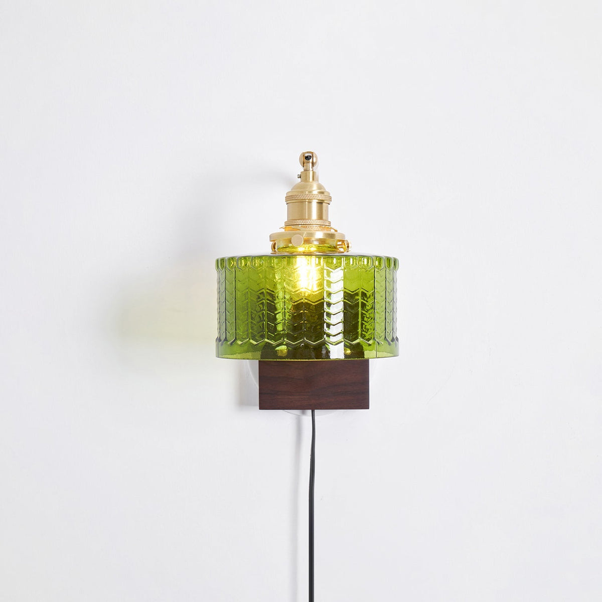 Handcrafted Wooden Sconce with Brass Accents and Emerald Fishscale Glass Shade for Hallway Bedroom Bathroom Ambient Lighting