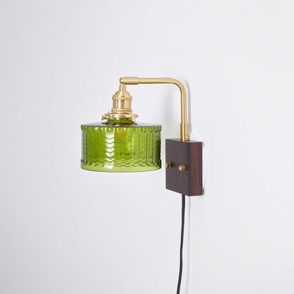 Handcrafted Wooden Sconce with Brass Accents and Emerald Fishscale Glass Shade for Hallway Bedroom Bathroom Ambient Lighting