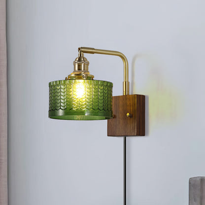 Handcrafted Wooden Sconce with Brass Accents and Emerald Fishscale Glass Shade for Hallway Bedroom Bathroom Ambient Lighting