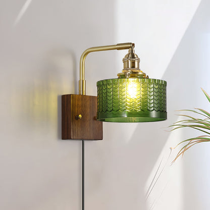 Handcrafted Wooden Sconce with Brass Accents and Emerald Fishscale Glass Shade for Hallway Bedroom Bathroom Ambient Lighting