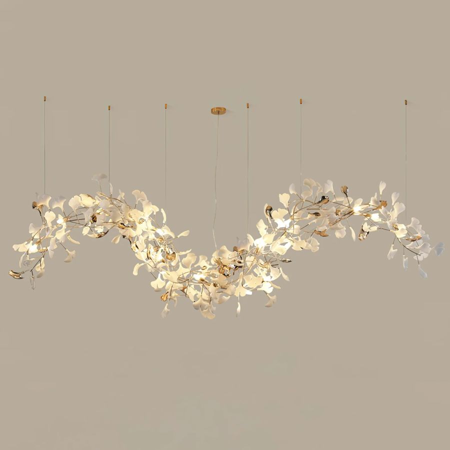 Handcrafted Porcelain Leaf Chandelier – Organic Linear Design with Warm LED Glow for Dining Room, Living Room & Entryway