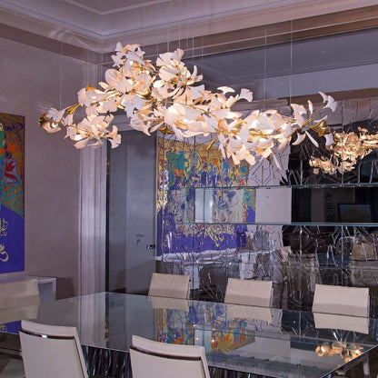 Handcrafted Porcelain Leaf Chandelier – Organic Linear Design with Warm LED Glow for Dining Room, Living Room & Entryway