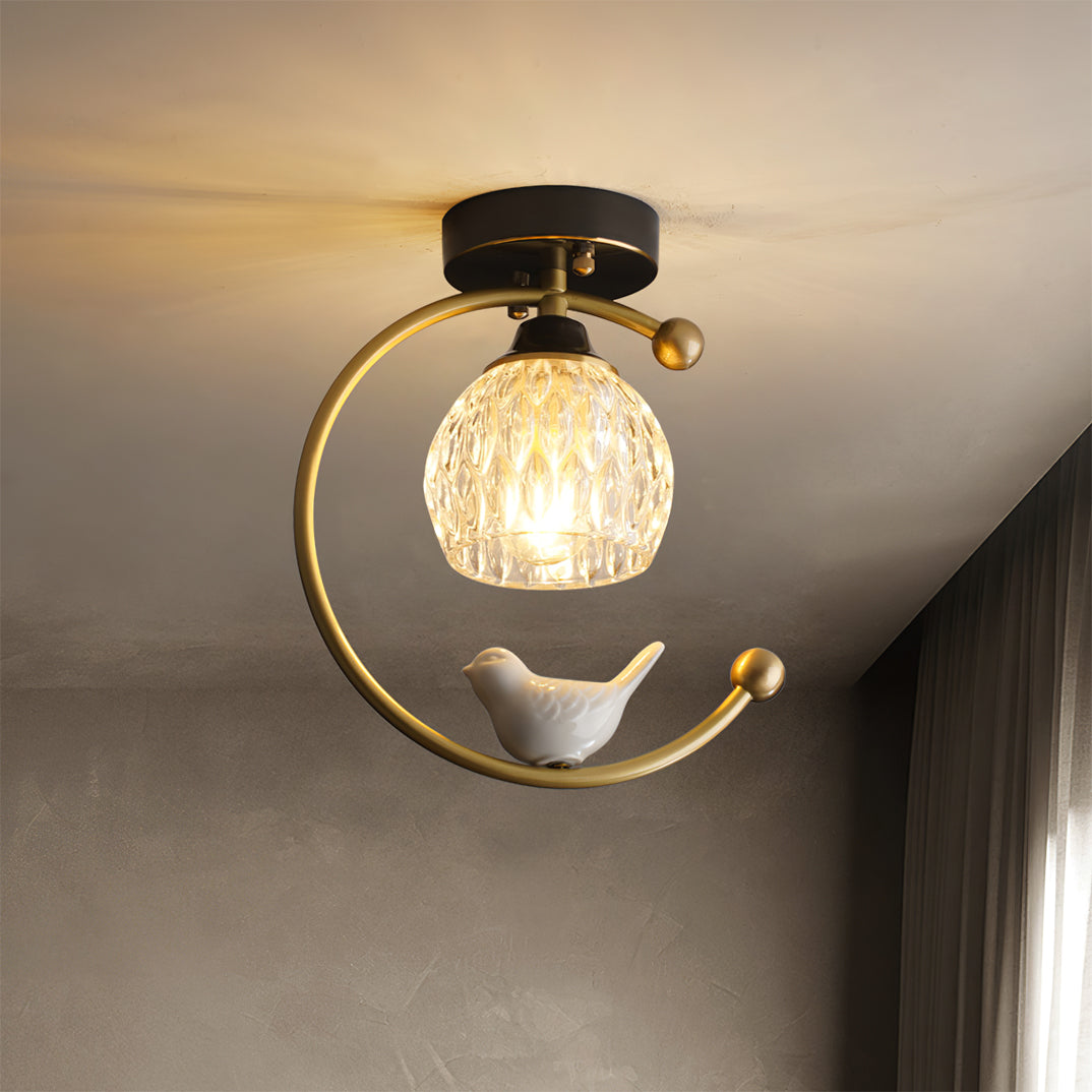 Decorative Bird Pendant Light with Brass Frame & Glass Shade for Bedroom, Dining Room & Living Room | Indoor Hanging Fixture 9 in × 11 in