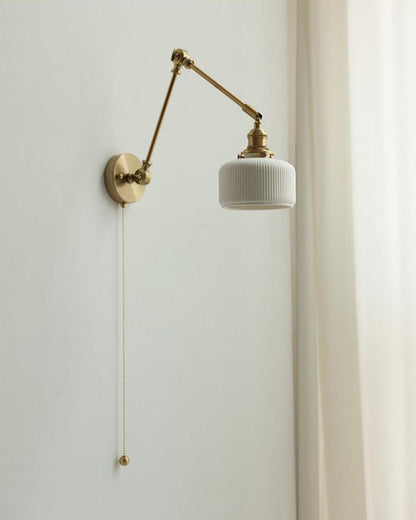 Swing Arm Reading Sconce with Ceramic Shade | Rotatable Bedside Wall Fixture with Pull Chain Switch | Modern Brass Task Light for Bedroom