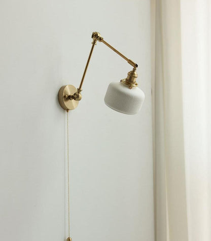 Swing Arm Reading Sconce with Ceramic Shade | Rotatable Bedside Wall Fixture with Pull Chain Switch | Modern Brass Task Light for Bedroom