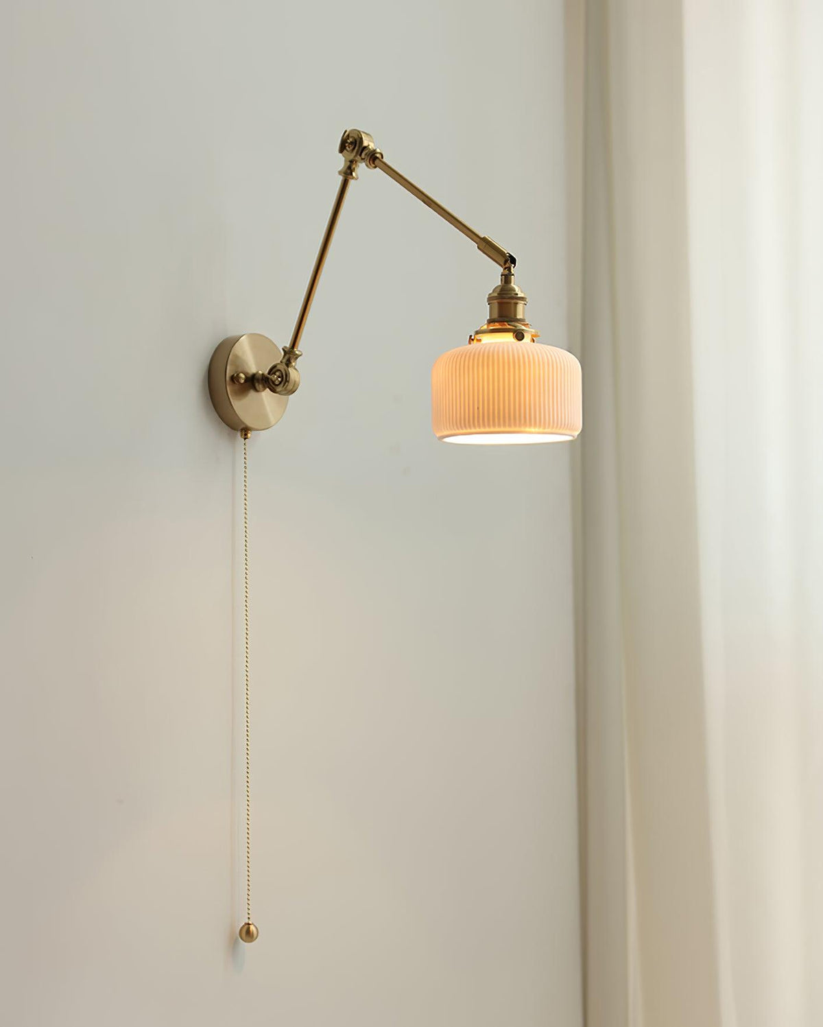 Swing Arm Reading Sconce with Ceramic Shade | Rotatable Bedside Wall Fixture with Pull Chain Switch | Modern Brass Task Light for Bedroom
