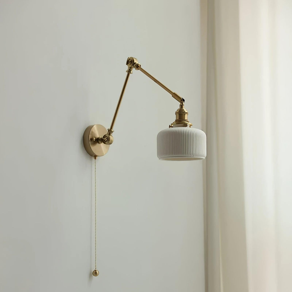 Swing Arm Reading Sconce with Ceramic Shade | Rotatable Bedside Wall Fixture with Pull Chain Switch | Modern Brass Task Light for Bedroom