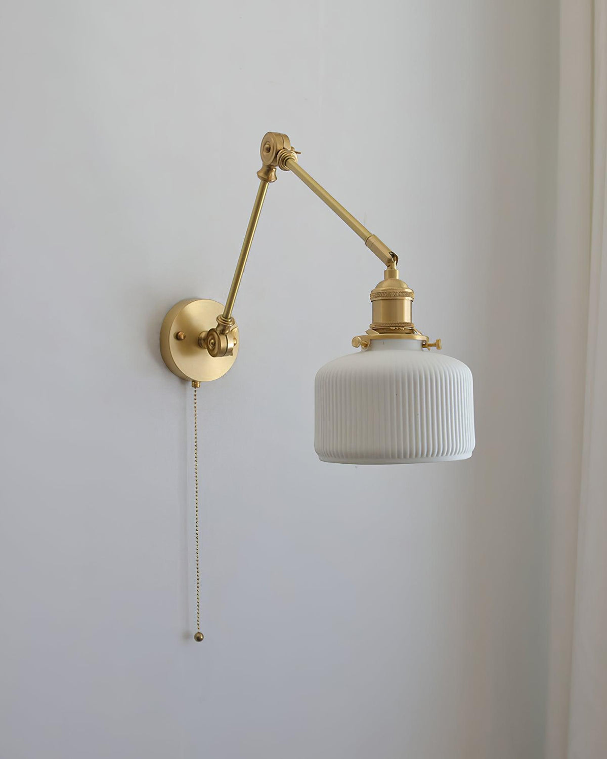 Swing Arm Reading Sconce with Ceramic Shade | Rotatable Bedside Wall Fixture with Pull Chain Switch | Modern Brass Task Light for Bedroom