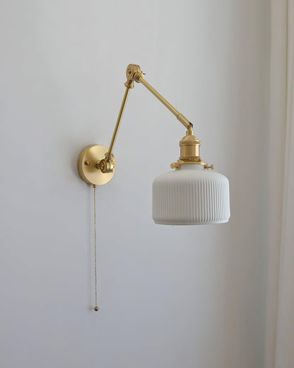 Swing Arm Reading Sconce with Ceramic Shade | Rotatable Bedside Wall Fixture with Pull Chain Switch | Modern Brass Task Light for Bedroom