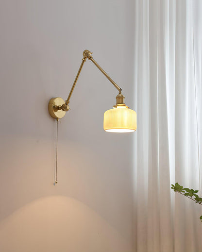 Swing Arm Reading Sconce with Ceramic Shade | Rotatable Bedside Wall Fixture with Pull Chain Switch | Modern Brass Task Light for Bedroom