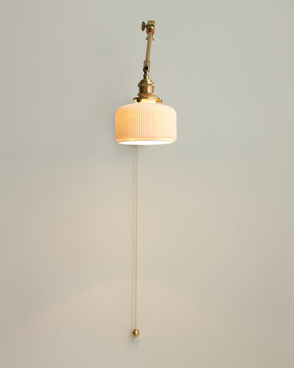 Swing Arm Reading Sconce with Ceramic Shade | Rotatable Bedside Wall Fixture with Pull Chain Switch | Modern Brass Task Light for Bedroom
