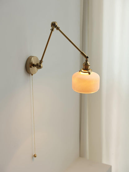 Swing Arm Reading Sconce with Ceramic Shade | Rotatable Bedside Wall Fixture with Pull Chain Switch | Modern Brass Task Light for Bedroom