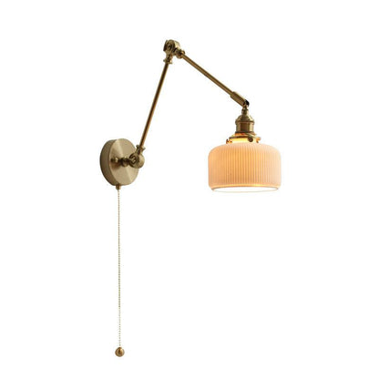 Swing Arm Reading Sconce with Ceramic Shade | Rotatable Bedside Wall Fixture with Pull Chain Switch | Modern Brass Task Light for Bedroom