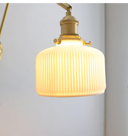 Swing Arm Reading Sconce with Ceramic Shade | Rotatable Bedside Wall Fixture with Pull Chain Switch | Modern Brass Task Light for Bedroom