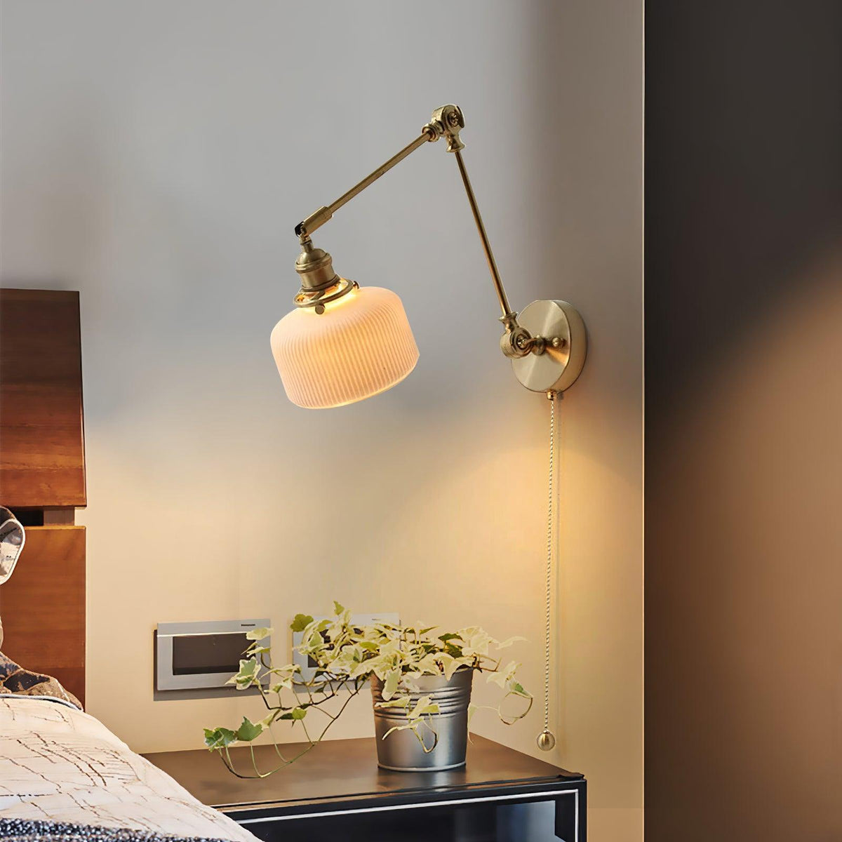 Swing Arm Reading Sconce with Ceramic Shade | Rotatable Bedside Wall Fixture with Pull Chain Switch | Modern Brass Task Light for Bedroom