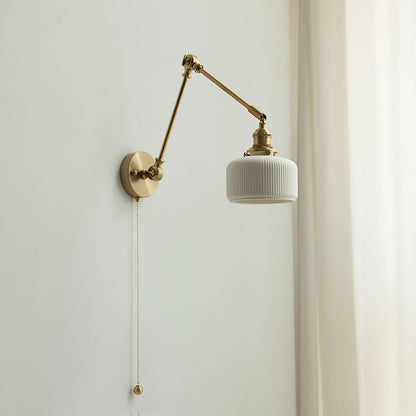 Swing Arm Reading Sconce with Ceramic Shade | Rotatable Bedside Wall Fixture with Pull Chain Switch | Modern Brass Task Light for Bedroom