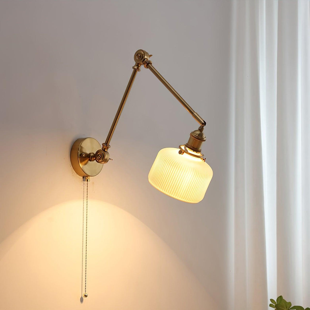Swing Arm Reading Sconce with Ceramic Shade | Rotatable Bedside Wall Fixture with Pull Chain Switch | Modern Brass Task Light for Bedroom