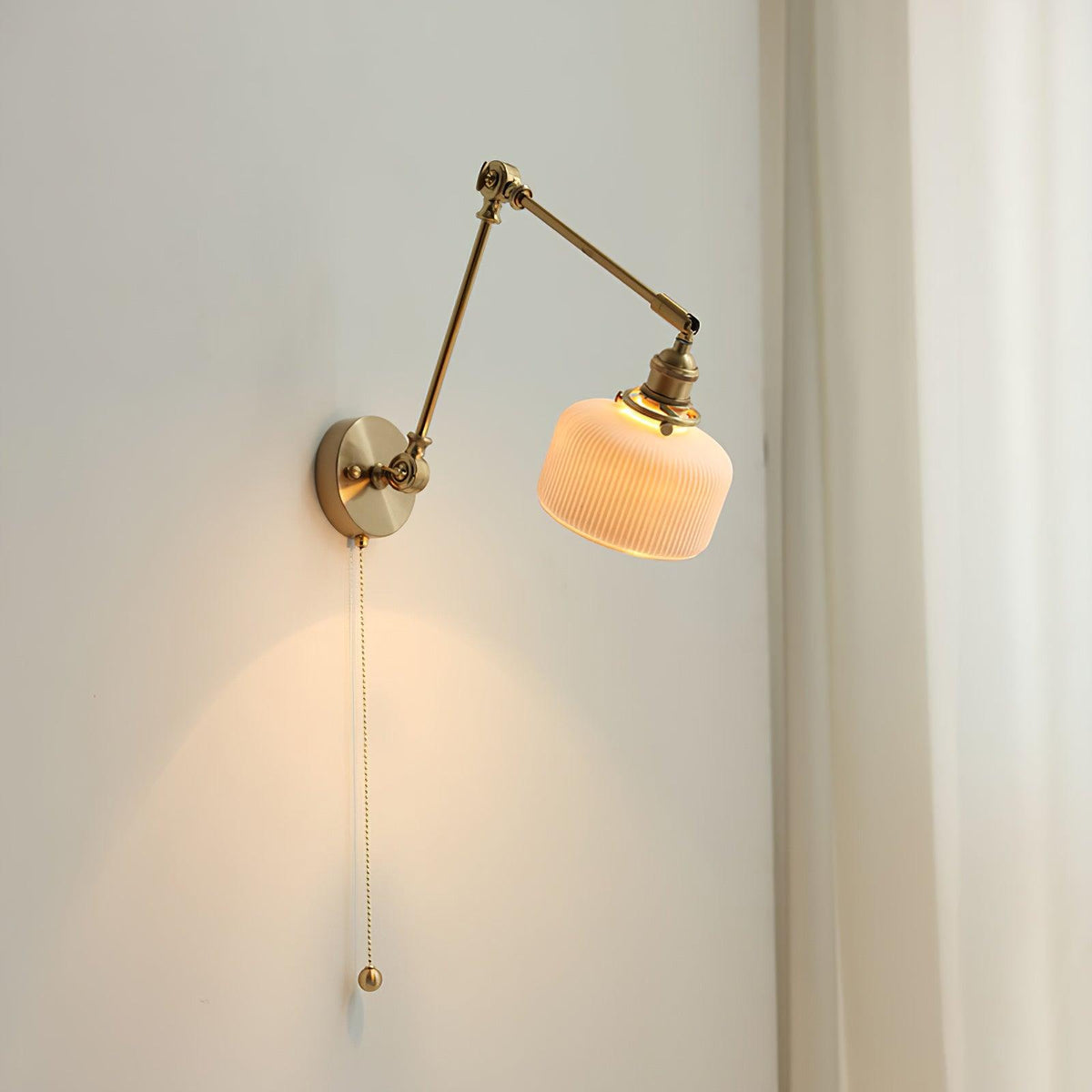 Swing Arm Reading Sconce with Ceramic Shade | Rotatable Bedside Wall Fixture with Pull Chain Switch | Modern Brass Task Light for Bedroom