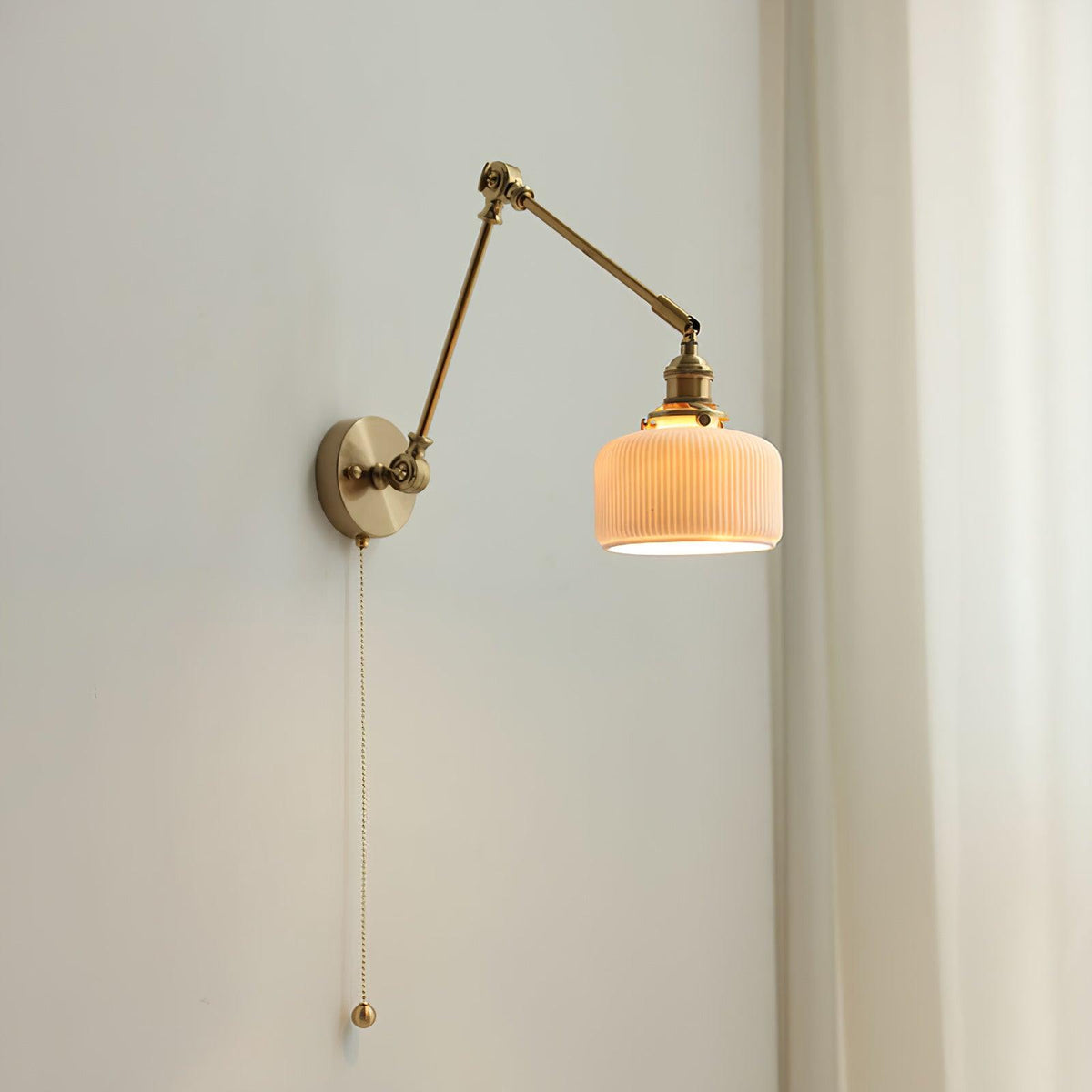 Swing Arm Reading Sconce with Ceramic Shade | Rotatable Bedside Wall Fixture with Pull Chain Switch | Modern Brass Task Light for Bedroom