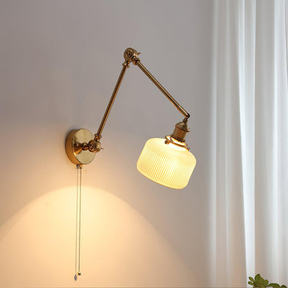 Swing Arm Reading Sconce with Ceramic Shade | Rotatable Bedside Wall Fixture with Pull Chain Switch | Modern Brass Task Light for Bedroom