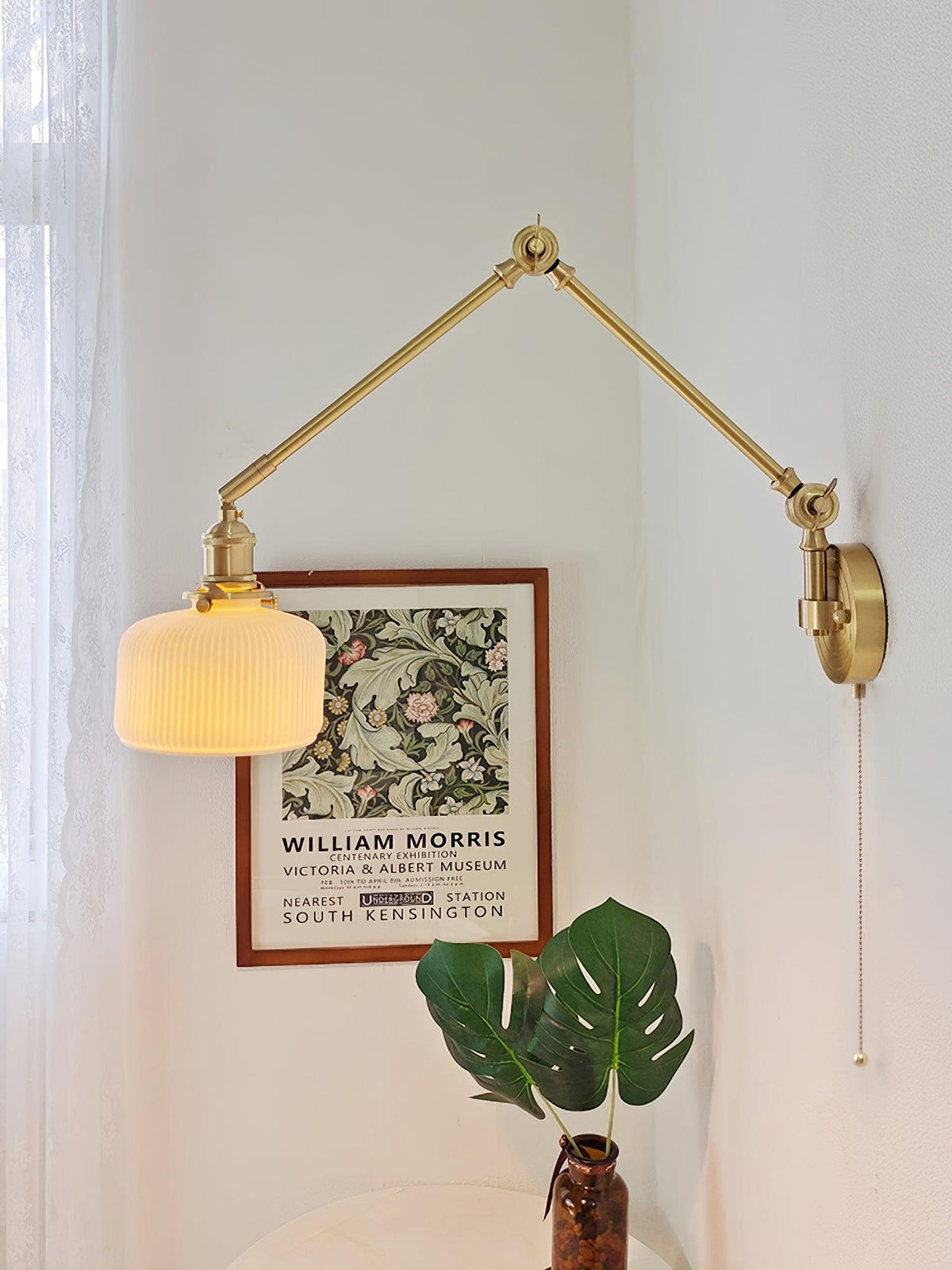 Swing Arm Reading Sconce with Ceramic Shade | Rotatable Bedside Wall Fixture with Pull Chain Switch | Modern Brass Task Light for Bedroom