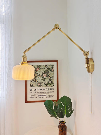 Swing Arm Reading Sconce with Ceramic Shade | Rotatable Bedside Wall Fixture with Pull Chain Switch | Modern Brass Task Light for Bedroom