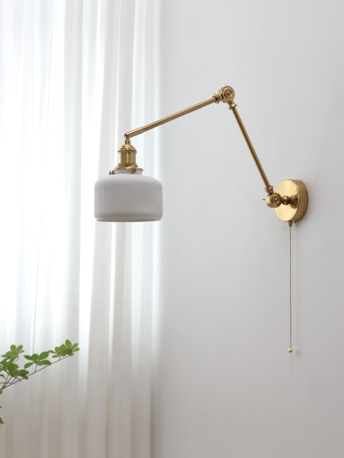 Swing Arm Reading Sconce with Ceramic Shade | Rotatable Bedside Wall Fixture with Pull Chain Switch | Modern Brass Task Light for Bedroom