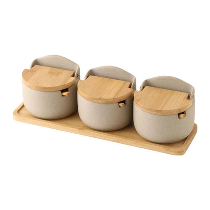 Spice Jars with Bamboo Lid and Spoon, Ceramic Salt Cellar, Japanese Seasoning Jar for Sugar and Spices, Kitchen Canister