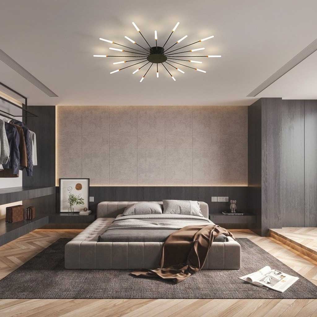 Semi-Flush Mount LED Light Fixture Aluminum 32 in Radial Design Black Gold for Living Room Bedroom Dining Room Contemporary Home Decor
