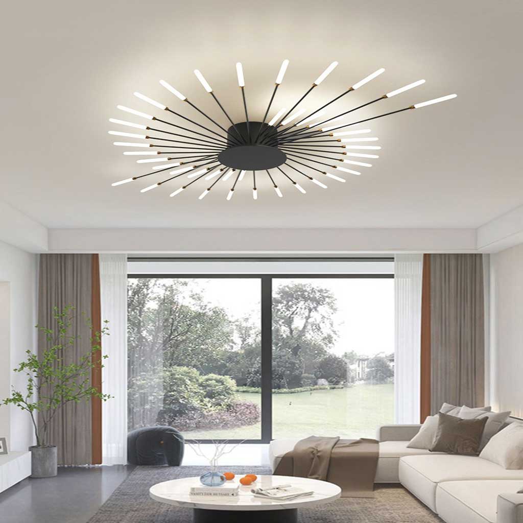 Semi-Flush Mount LED Light Fixture Aluminum 32 in Radial Design Black Gold for Living Room Bedroom Dining Room Contemporary Home Decor