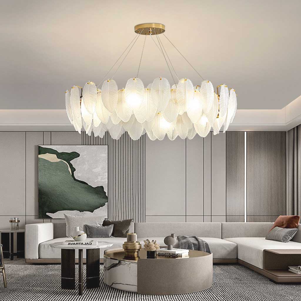 Glass Feather Ceiling Light Fixture 20 in Round Gold White LED Adjustable Color Temp for Dining Living Bedroom Contemporary Home Decor