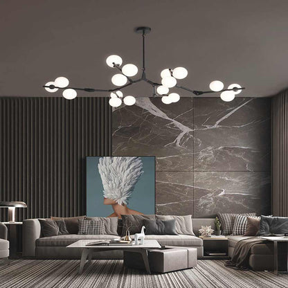 Sculptural Glass Sphere Chandelier with Adjustable LED Light — Multi-Arm Metal Frame Statement Fixture for Open Dining Spaces, Great Rooms &