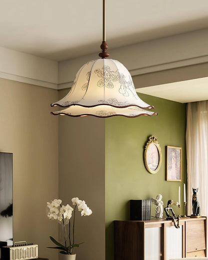 Hanging Fixture with Floral Fabric Shade 9.8-Inch Mixed Material Finish Gold Walnut Accents for Dining Room Kitchen Island Living Space Adju