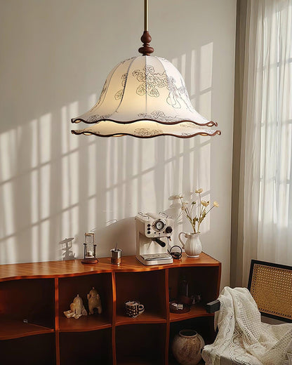 Hanging Fixture with Floral Fabric Shade 9.8-Inch Mixed Material Finish Gold Walnut Accents for Dining Room Kitchen Island Living Space Adju