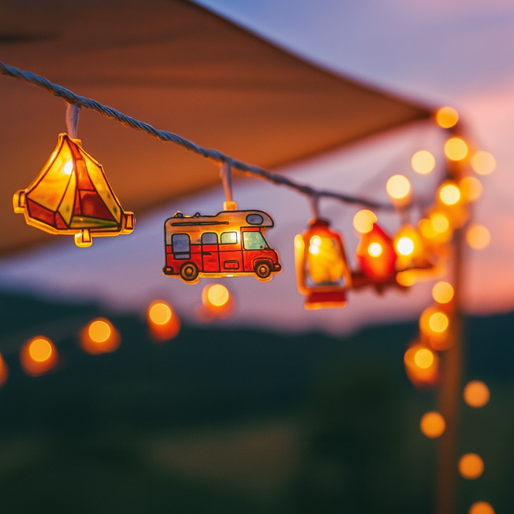 Camping-Themed LED Fairy Lights – Battery-Powered Indoor Outdoor String Lights with Tent, Campfire & Lantern Icons for Patio, Backyard &