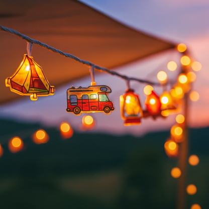 Camping-Themed LED Fairy Lights – Battery-Powered Indoor Outdoor String Lights with Tent, Campfire & Lantern Icons for Patio, Backyard &