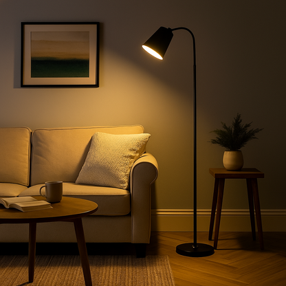 Adjustable Reading Floor Lamp with Metal Arm and Round Wood Base | Modern Scandinavian Style Task Light for Living Room Bedroom Office