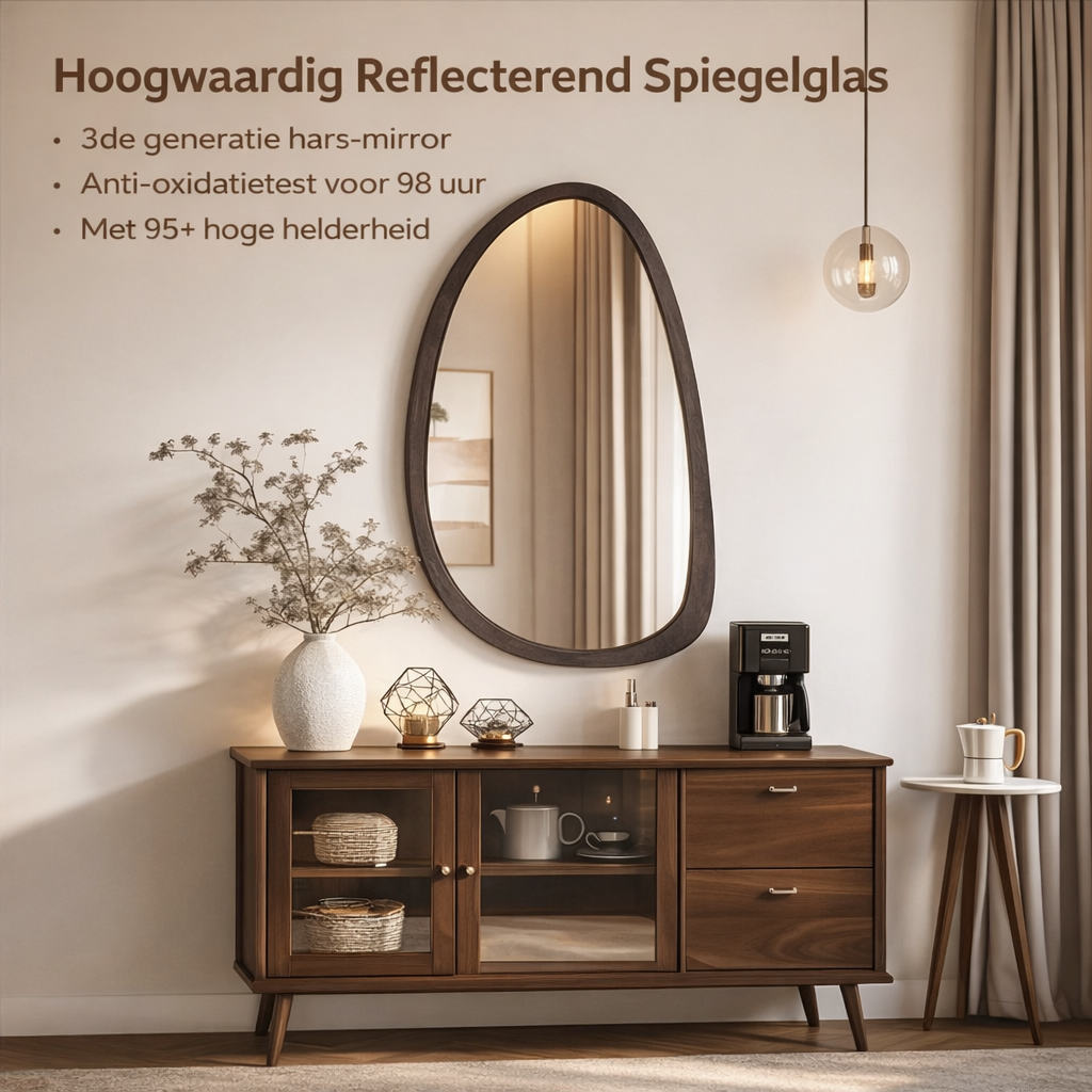 Asymmetric Wooden Frame Mirror 20x28 in Walnut Finish Rubberwood Contemporary Decor for Entryway Living Room Bedroom Hallway