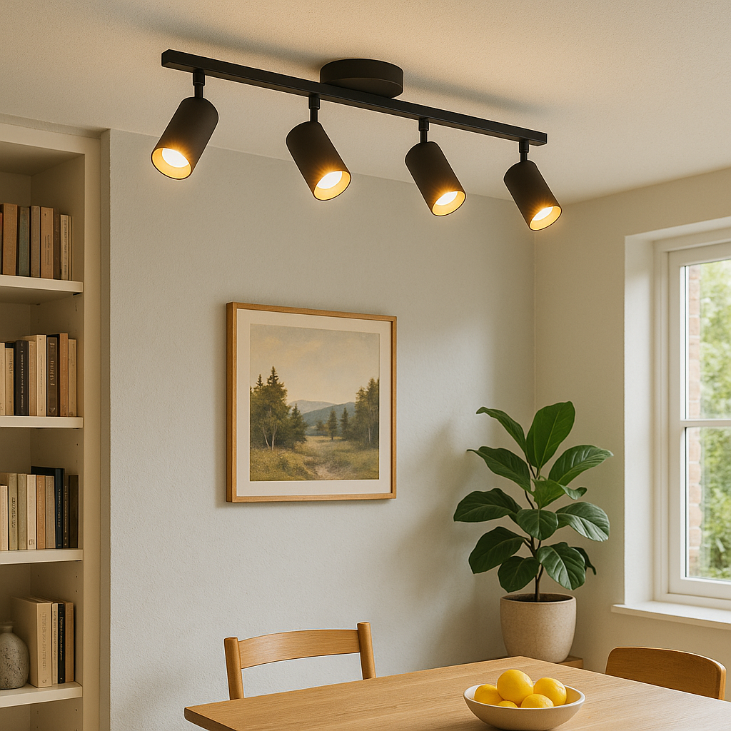 Four-Head Track Spotlight Fixture for Kitchen & Living Room | Directional Aluminum Rail Lighting in Black or White Finish | GU10 Socket Comp