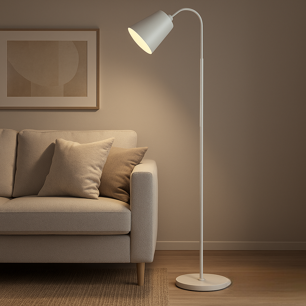 Adjustable Reading Floor Lamp with Metal Arm and Round Wood Base | Modern Scandinavian Style Task Light for Living Room Bedroom Office