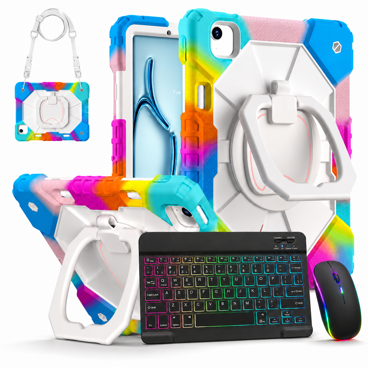 Rugged iPad Case with Backlit Wireless Keyboard & Mouse Bundle – Rotating Ring Grip, Kickstand, Shoulder Strap & Apple Pencil Slot for