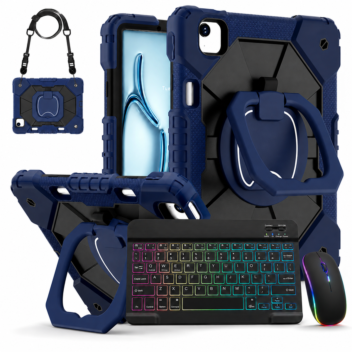 Rugged iPad Case with Backlit Wireless Keyboard & Mouse Bundle – Rotating Ring Grip, Kickstand, Shoulder Strap & Apple Pencil Slot for