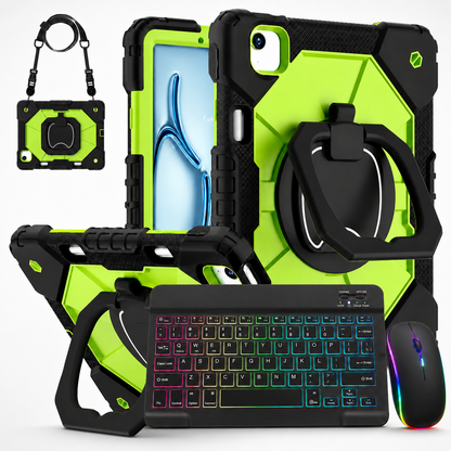 Rugged iPad Case with Backlit Wireless Keyboard & Mouse Bundle – Rotating Ring Grip, Kickstand, Shoulder Strap & Apple Pencil Slot for
