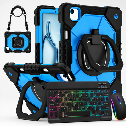 Rugged iPad Case with Backlit Wireless Keyboard & Mouse Bundle – Rotating Ring Grip, Kickstand, Shoulder Strap & Apple Pencil Slot for