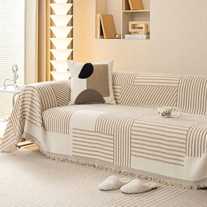 Chic Chenille Sofa Cover - Striped Design with Tassels, Non-Slip Fit for Sectional Couch