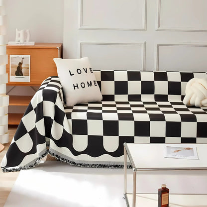 Chic Tasseled Sofa Cover - Cotton-Microfiber Blend, Checkered Design