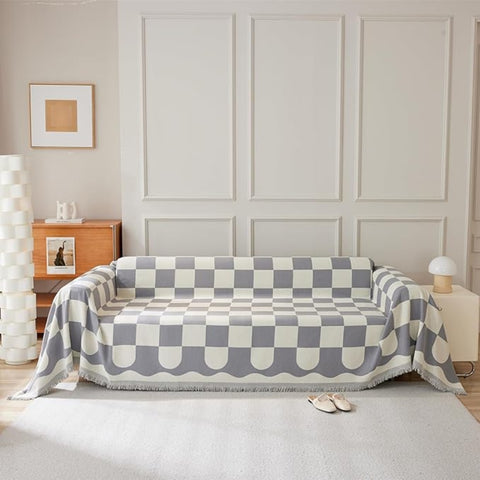 Chic Tasseled Sofa Cover - Cotton-Microfiber Blend, Checkered Design