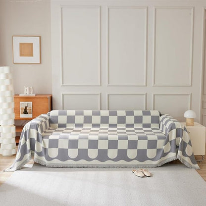 Chic Tasseled Sofa Cover - Cotton-Microfiber Blend, Checkered Design